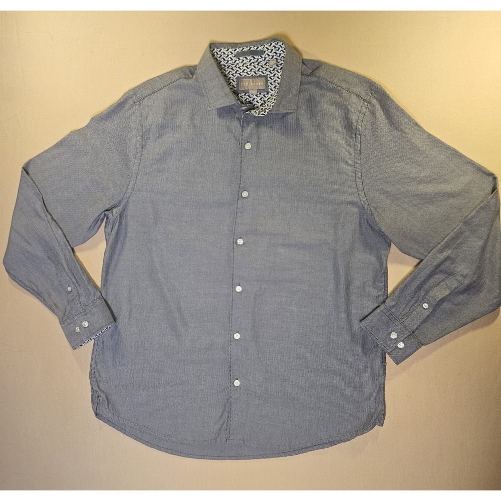 Ted Baker London Mens L Blue Herringbone Shirt 100% Cotton Button Up 1072429